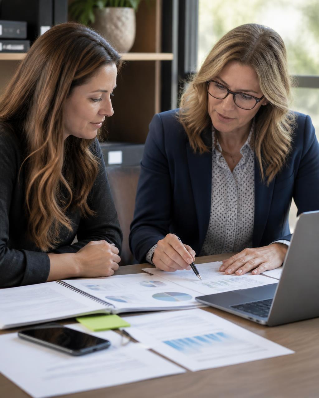 Bookkeeper reviewing financial reports with a small business owner