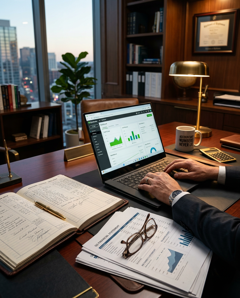 Organized desk with bookkeeping ledger and financial documents
