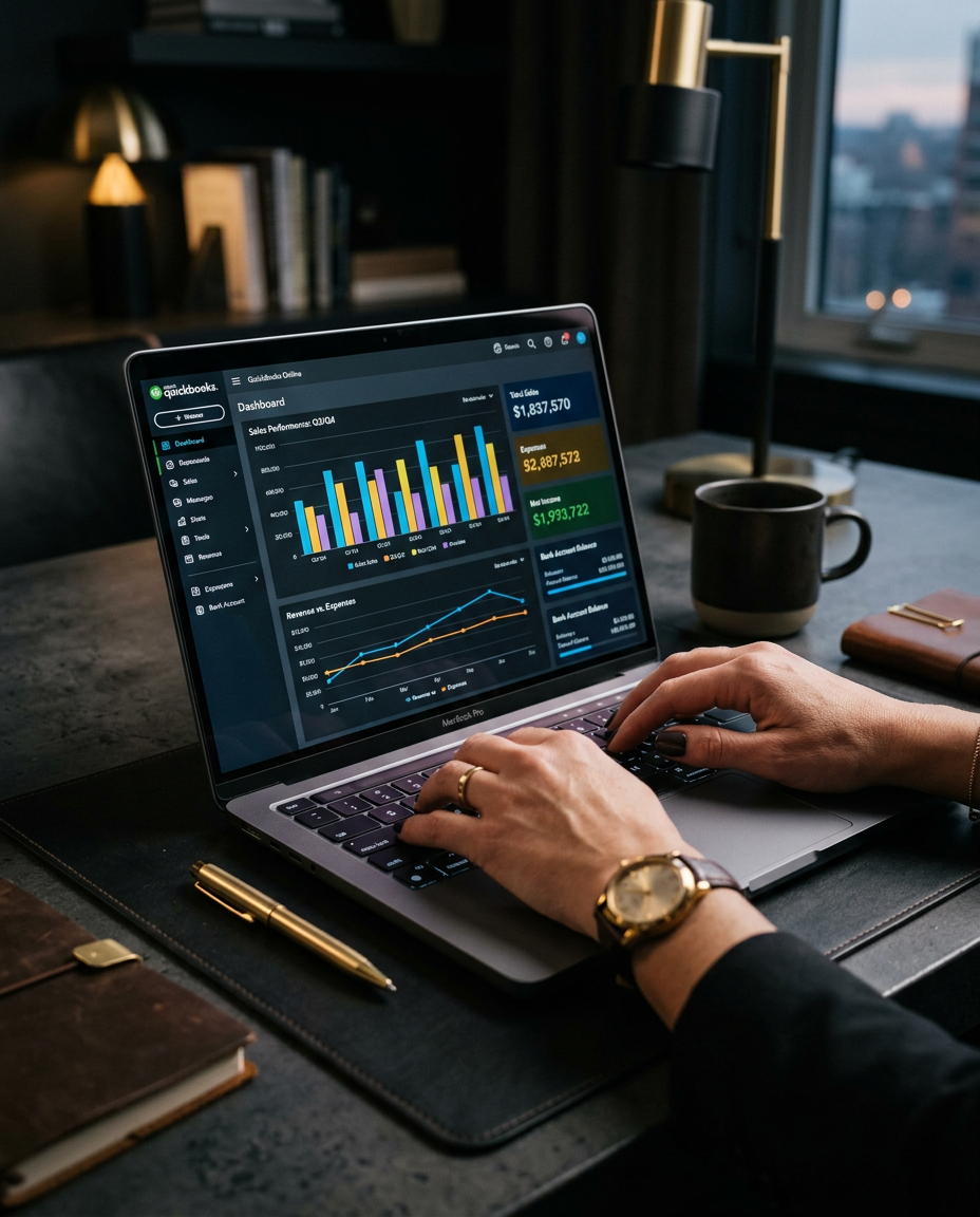 Laptop showing a QuickBooks Online dashboard