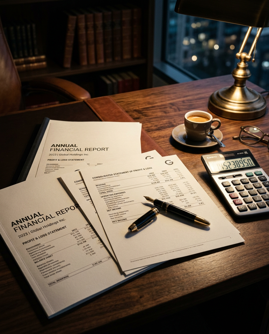 Printed financial reports and charts on a desk